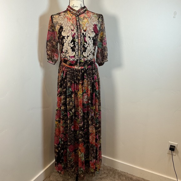 NWT Johnny Was Floral Embroidered Nylon Dress Maxi Sheer Overlay Bohemian Sz S - Picture 2 of 13